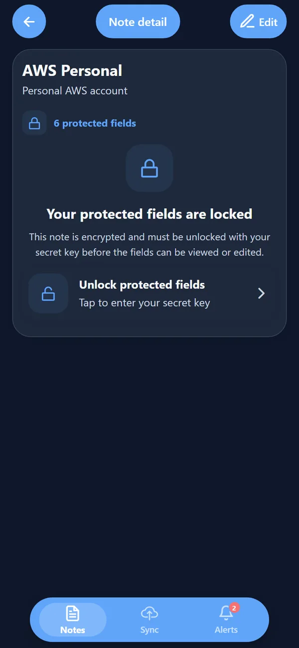 A Zealerio Notes note with 6 protected fields, locked
