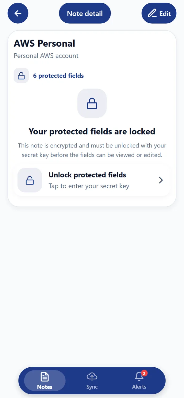 A Zealerio Notes note with 6 protected fields, locked